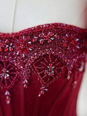 Burgundy Tulle Beaded Long Prom Dress, A-Line Formal Evening Dress