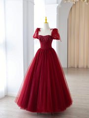 Burgundy Tulle Beaded Long Prom Dress, A-Line Formal Evening Dress