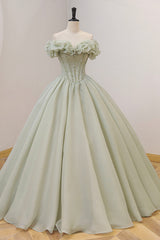 Green Ball Gown, A-Line Off the Shoulder Evening Gown with Beaded