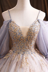 Purple Tulle Sequins Long Prom Dress, A-Line Evening Dress