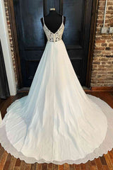 Lace Back White V-Neck A-Line Long Bridal Dress Outfits For Women Chiffon Wedding Dresses