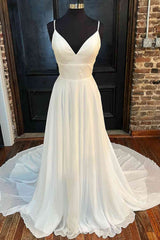 Lace Back White V-Neck A-Line Long Bridal Dress Outfits For Women Chiffon Wedding Dresses