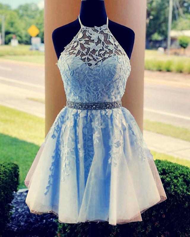 Lace Embroidery Halter Tulle Homecoming Dresses For Black girls Cross Back