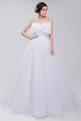 Lace Sheer Waist Long Pleated A-line Train Wedding Dresses with Half Sleeves