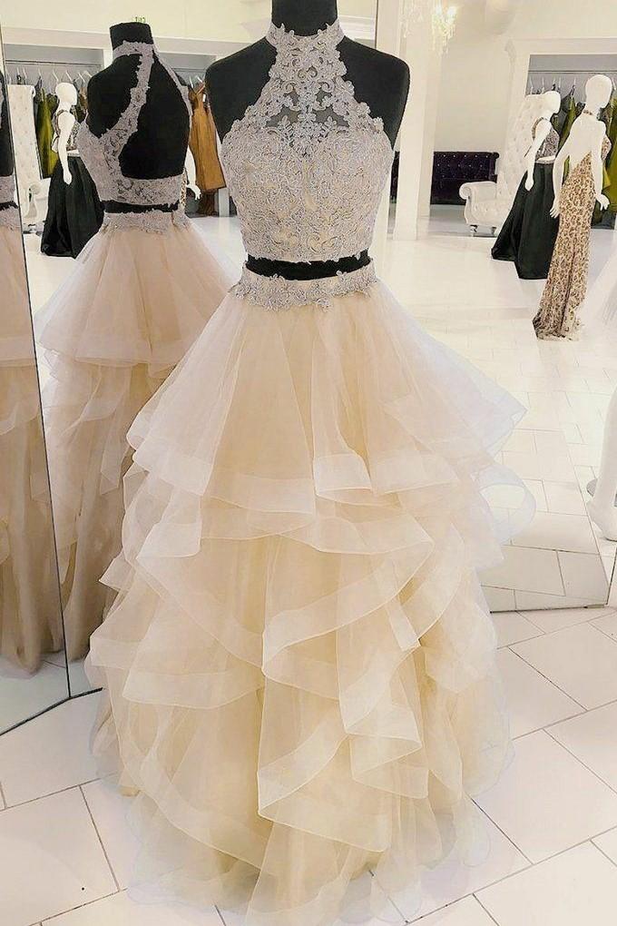 Lace Two-piece Champagne Prom Dresses For Black girls with Horsehair Skirt,Quinceanera Dress Outfits For Girls,Birthday Dresses