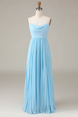 Lace-Up Cowl Neck Light Blue A-Line Chiffon Bridesmaid Dress