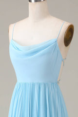 Lace-Up Cowl Neck Light Blue A-Line Chiffon Bridesmaid Dress