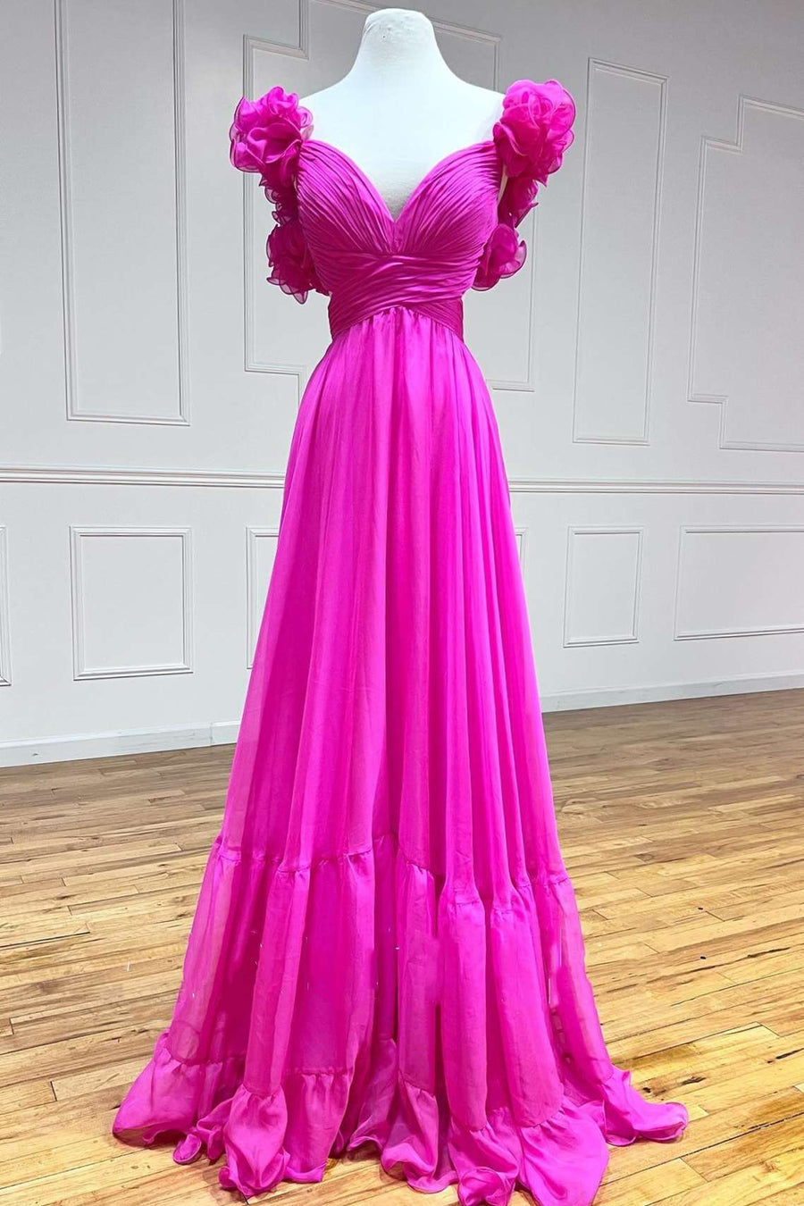 Lace-Up Fuchsia V-Neck Ruffle Pleated Long Prom Dress