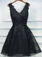 Lace V-neckline Short Black Lace Prom Dresses For Black girls For Women, Black Homecoming Dresses