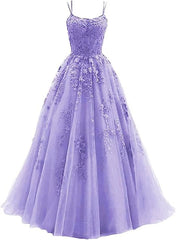 Lavender A-line Tulle with Lace Long Party Dress Outfits For Girls, Straps Lavender Prom Dress