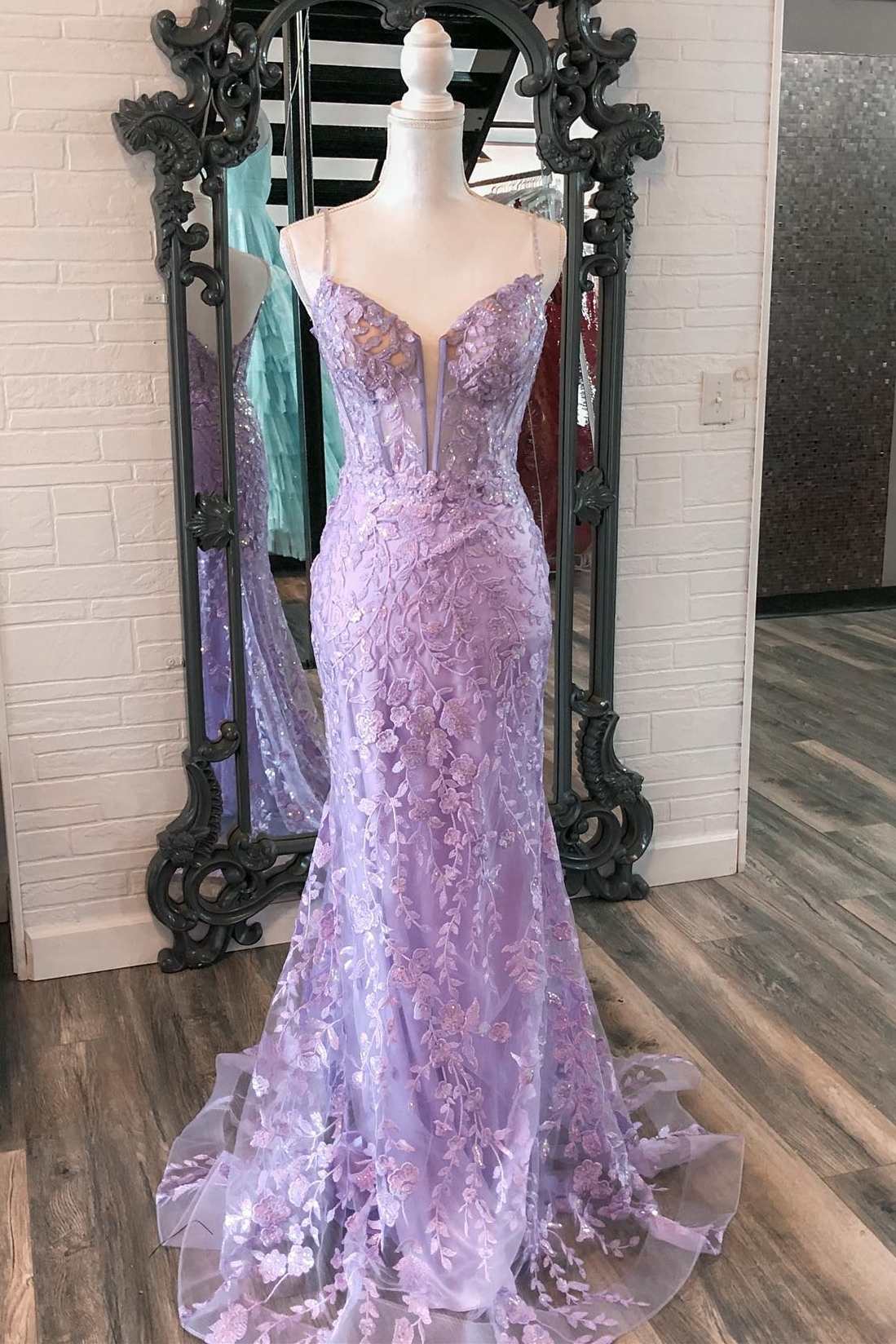 Lavender Floral Appliques Deep V Neck Mermaid Long Prom Dresses For Black girls Gala Dress Outfits For Women Formal