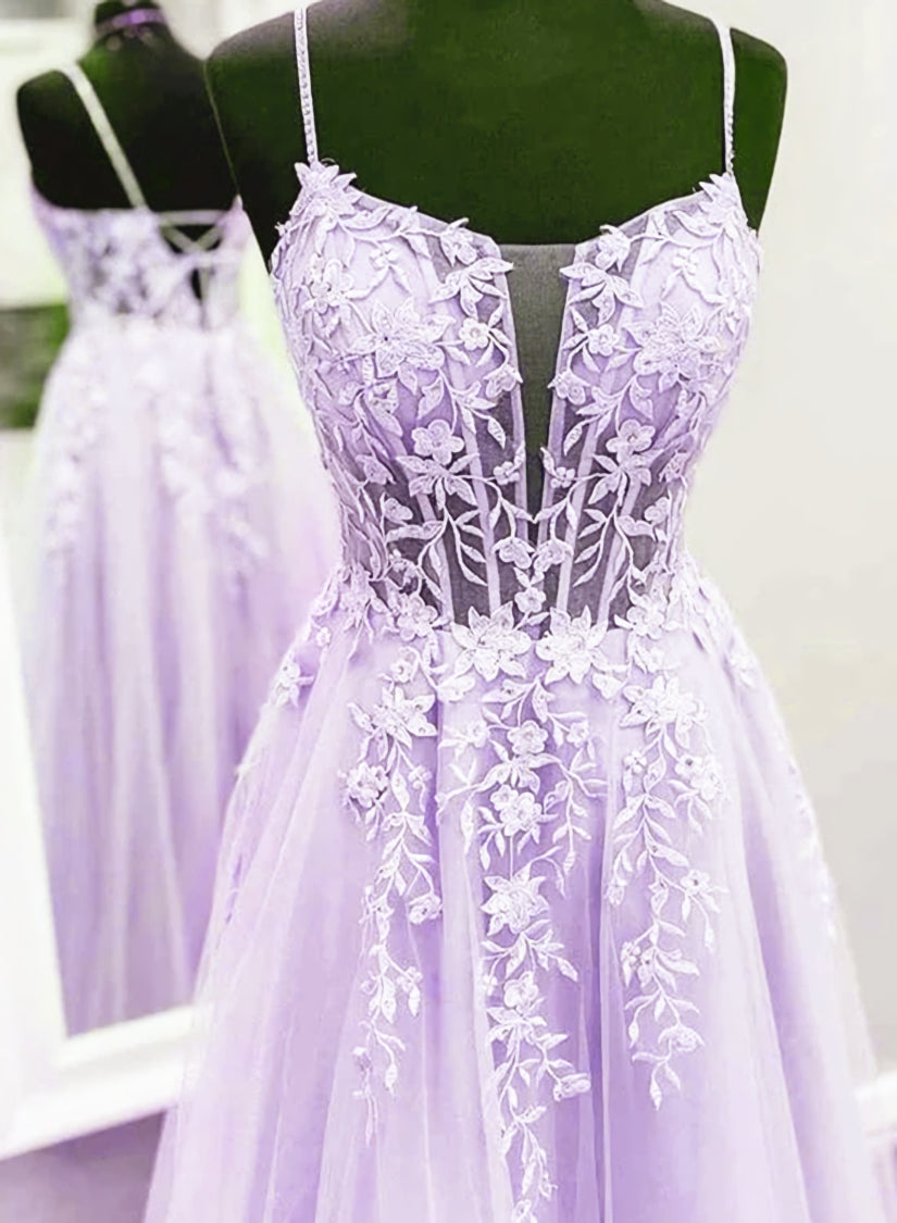 Lavender Lace Applique Tulle A-line Party Dress Outfits For Girls, Floor Length Evening Gown