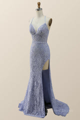 Lavender Lace Mermaid Long Prom Dress