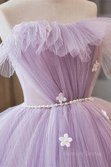 Lavender Ruffled Strapless Floral Applique Long Prom Dress with Pearl Sash