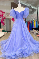 Lavender Strapless A-Line Organza Court Train Prom Dress Outfits For Women with Puff Sleeves