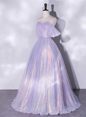Lavender Tulle and Sequins Long Prom Dress Outfits For Girls, Off Shoulder A-line Party Dress