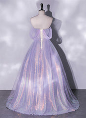Lavender Tulle and Sequins Long Prom Dress Outfits For Girls, Off Shoulder A-line Party Dress