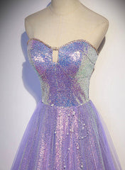 Lavender Tulle and Sequins Sweetheart Long Pary Dress Outfits For Girls, A-line Prom Dress Outfits For Women Formal Dresses