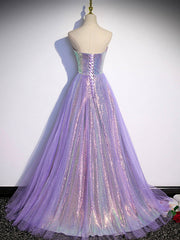 Lavender Tulle and Sequins Sweetheart Long Pary Dress Outfits For Girls, A-line Prom Dress Outfits For Women Formal Dresses