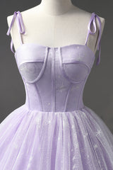 Lavender Tulle Straps Floor Length Evening Dress Outfits For Girls, Lavender A-Line Prom Dress