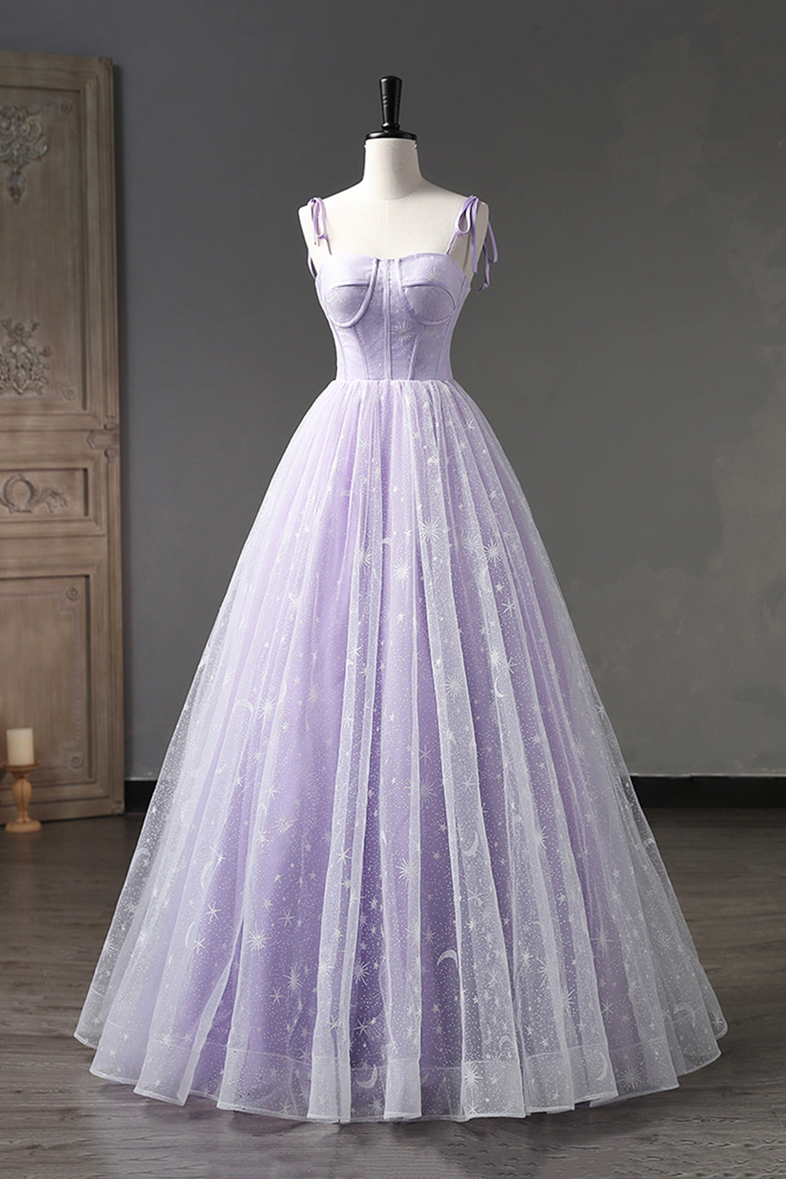 Lavender Tulle Straps Floor Length Evening Dress Outfits For Girls, Lavender A-Line Prom Dress