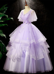 Lavender Tulle V-neckline Sweet 16 Dress Outfits For Women with Flowers, Lavender Formal Dress Outfits For Women Prom Dress