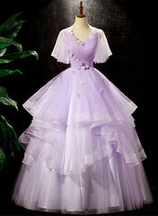 Lavender Tulle V-neckline Sweet 16 Dress Outfits For Women with Flowers, Lavender Formal Dress Outfits For Women Prom Dress