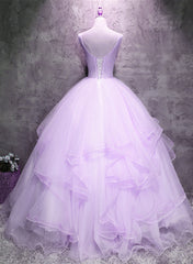 Lavender Tulle with Flowers Ball Gown Sweet 16 Dress Outfits For Girls, Lavender Long Formal Dress