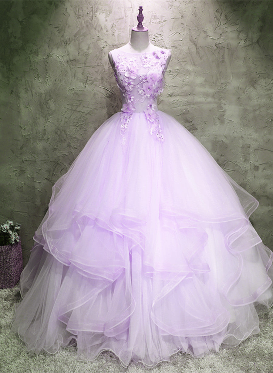Lavender Tulle with Flowers Ball Gown Sweet 16 Dress Outfits For Girls, Lavender Long Formal Dress