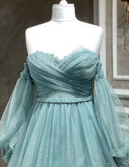 Light Blue A-line Long Sleeves Party Dress Outfits For Women with Lace, Sweetheart Long Prom Dress