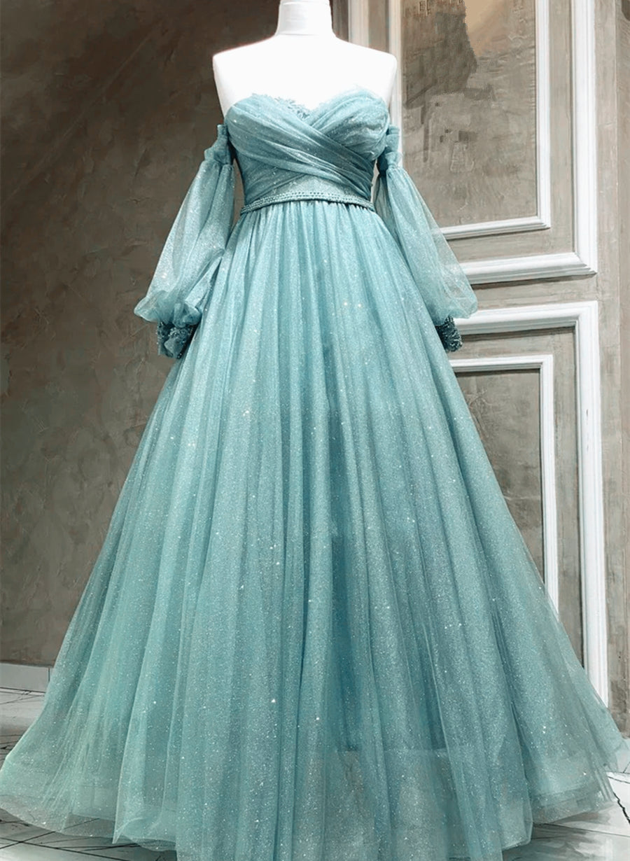 Light Blue A-line Long Sleeves Party Dress Outfits For Women with Lace, Sweetheart Long Prom Dress