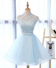 Light Blue Applique Short Prom Dress Outfits For Girls, Blue Homecoming Dress