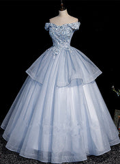 Light Blue Ball Gown Tulle with Lace Formal Dress Outfits For Girls, Blue Sweet 16 Dresses
