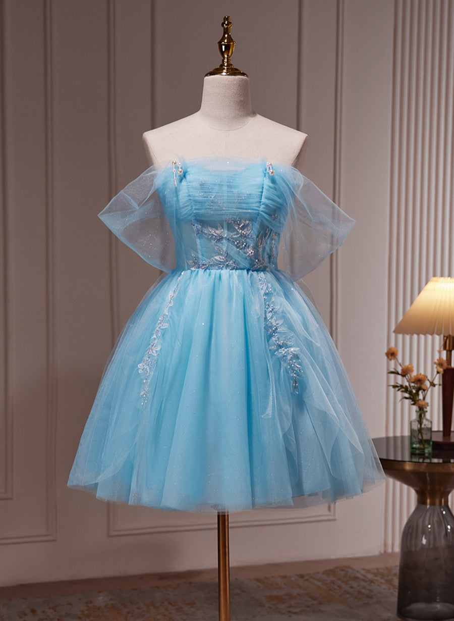 Light Blue Beaded Sweetheart Tulle Lace-up Party Dress Outfits For Girls, Blue Short Homecoming Dress
