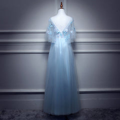 Light Blue Flowers Long Party Dress Outfits For Girls, A-line Tulle Party Dress Outfits For Women Evening Dress