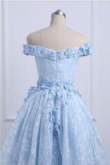 Light Blue Lace High Low Homecoming Dress Outfits For Girls,Floral Prom Dresses