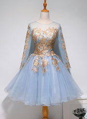 Light Blue Long Sleeves with Gold Lace Cute Homecoming Dress Outfits For Girls, Blue Short Prom Dress