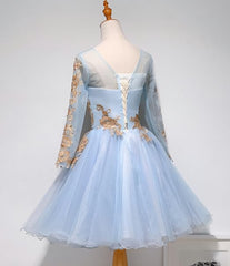 Light Blue Long Sleeves with Gold Lace Cute Homecoming Dress Outfits For Girls, Blue Short Prom Dress