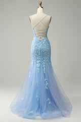 Light Blue Mermaid Lace-Up Appliques Tulle Long Prom Dress