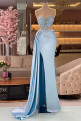 Light Blue Mermaid Style Evening Dresses With Fold Strapless