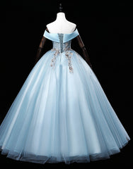 Light Blue Off Shoulder Flowers Tulle Long Party Dress Outfits For Girls, Light Blue Sweet 16 Dress