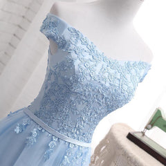 Light Blue Off Shoulder Tulle Party Dress Outfits For Girls, Blue Homecoming Dresses