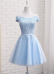 Light Blue Off Shoulder Tulle Party Dress Outfits For Girls, Blue Homecoming Dresses