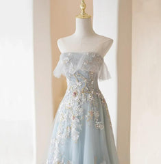 Light Blue Prom Dresses For Black girls Fairy,Long Blue Tulle Floral Appliques Formal Dresses