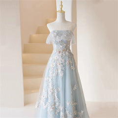 Light Blue Prom Dresses For Black girls Fairy,Long Blue Tulle Floral Appliques Formal Dresses