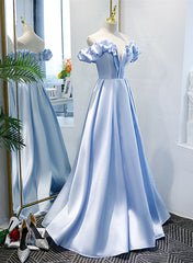 Light Blue Satin A-line Off Shoulder Long Formal Dress Outfits For Girls, Light Blue Evening Dress Outfits For Women Prom Dress