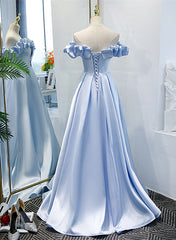 Light Blue Satin A-line Off Shoulder Long Formal Dress Outfits For Girls, Light Blue Evening Dress Outfits For Women Prom Dress