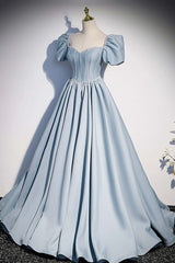 Light Blue Satin Long Prom Dress Outfits For Girls,A-Line Short Sleeve Evening Dresses