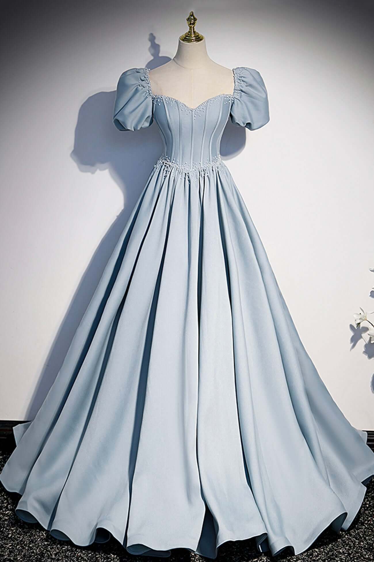 Light Blue Satin Long Prom Dress Outfits For Girls,A-Line Short Sleeve Evening Dresses