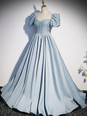Light Blue Satin Long Prom Dress Outfits For Girls, Light Blue Formal Sweet 16 dress
